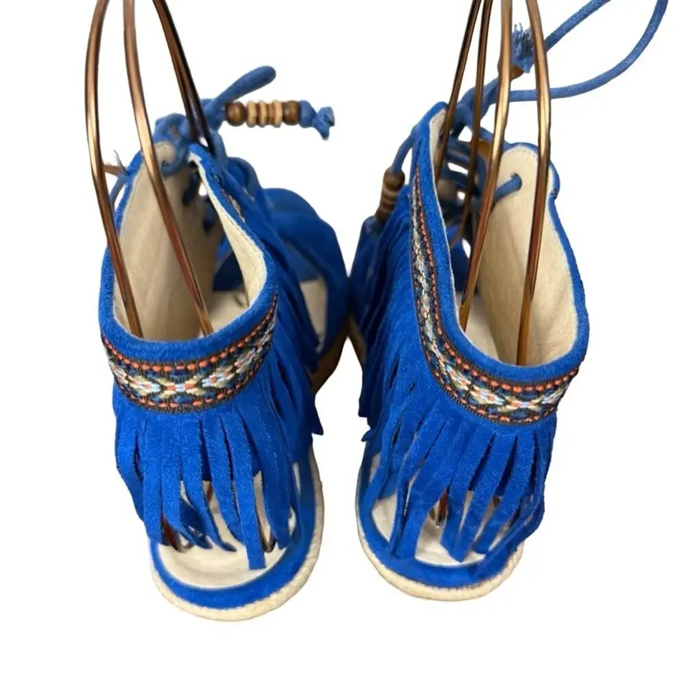 Miim Opava Blue Suede Leather Wedge Espadrille Fringe Sandals Shoes Platform 8